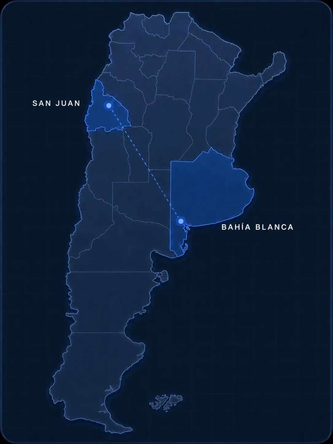 Mapa bicontinental de Argentina con las operaciones de 3DELECTRO: San Juan (casa matriz y centro operativo) y Bahía Blanca (sede y depósito)